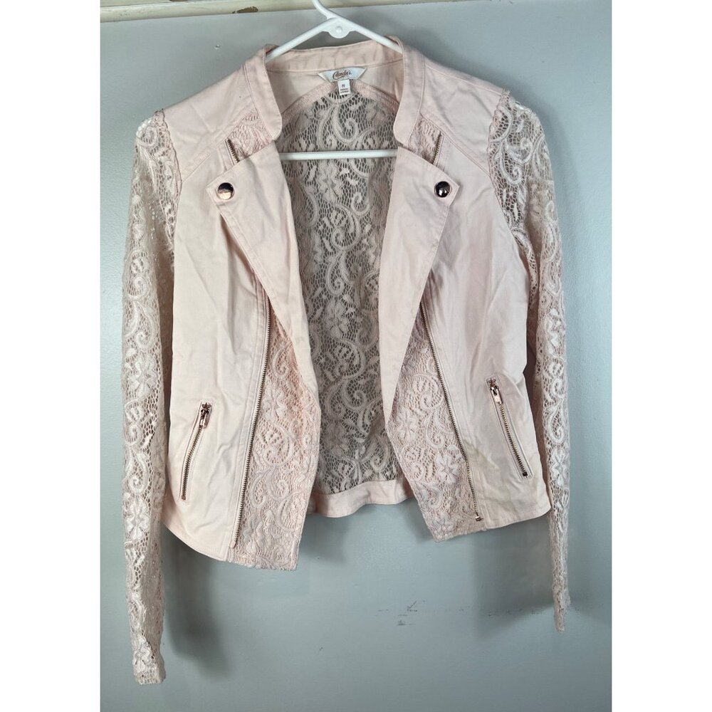 Candie’s Pink Lace Jacket Pockets Open Front Coat Medium